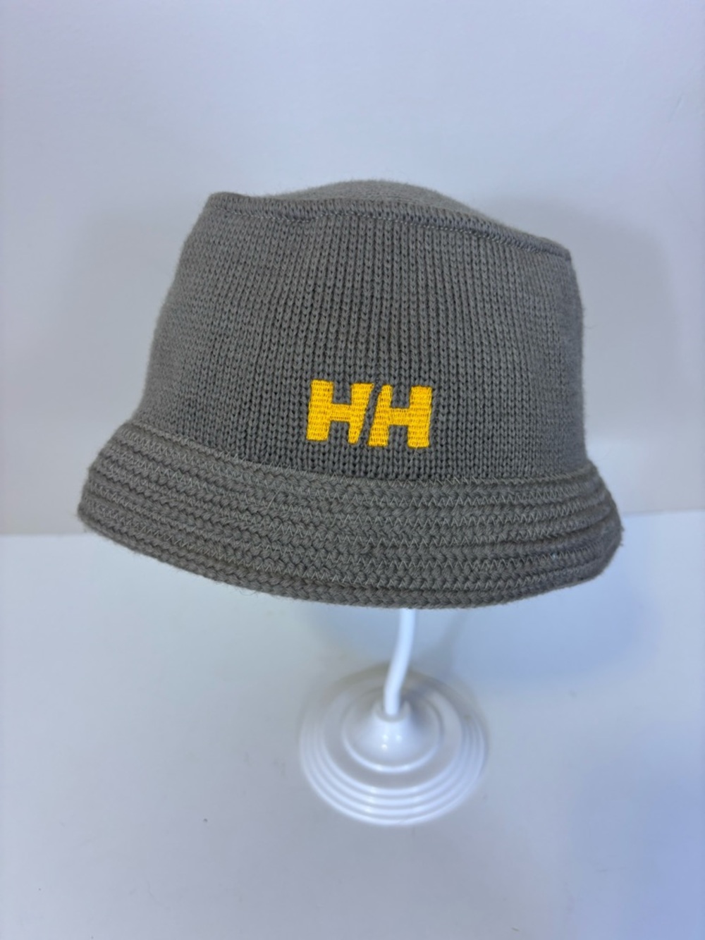 Helly Hansen 100% Wool Taupe Knit Bucket Hat with Yellow HH Embroidery